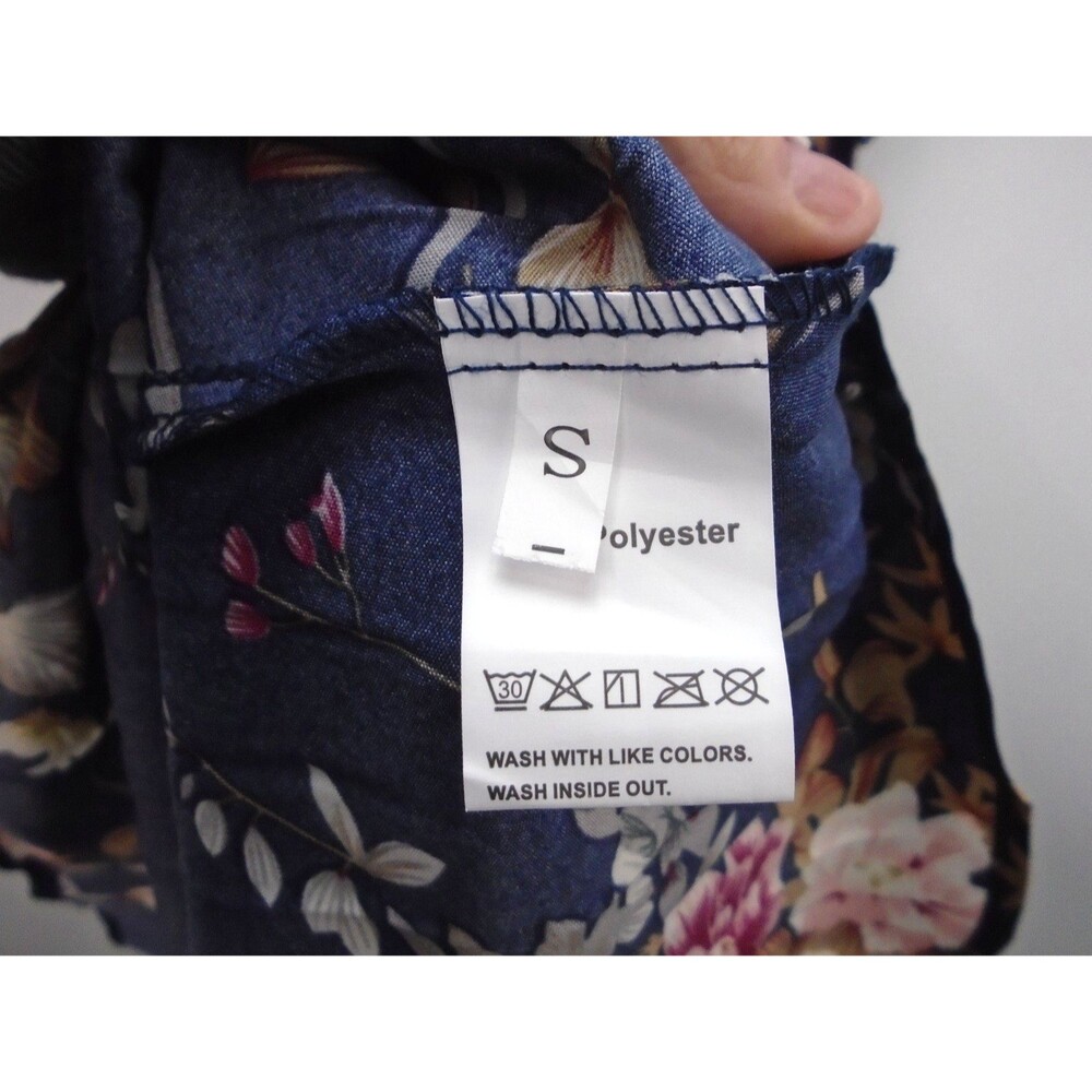 Women's Floral Print A-Line Dress Size S Short Sleeve Navy Blue With Belt - Picture 9 of 9
